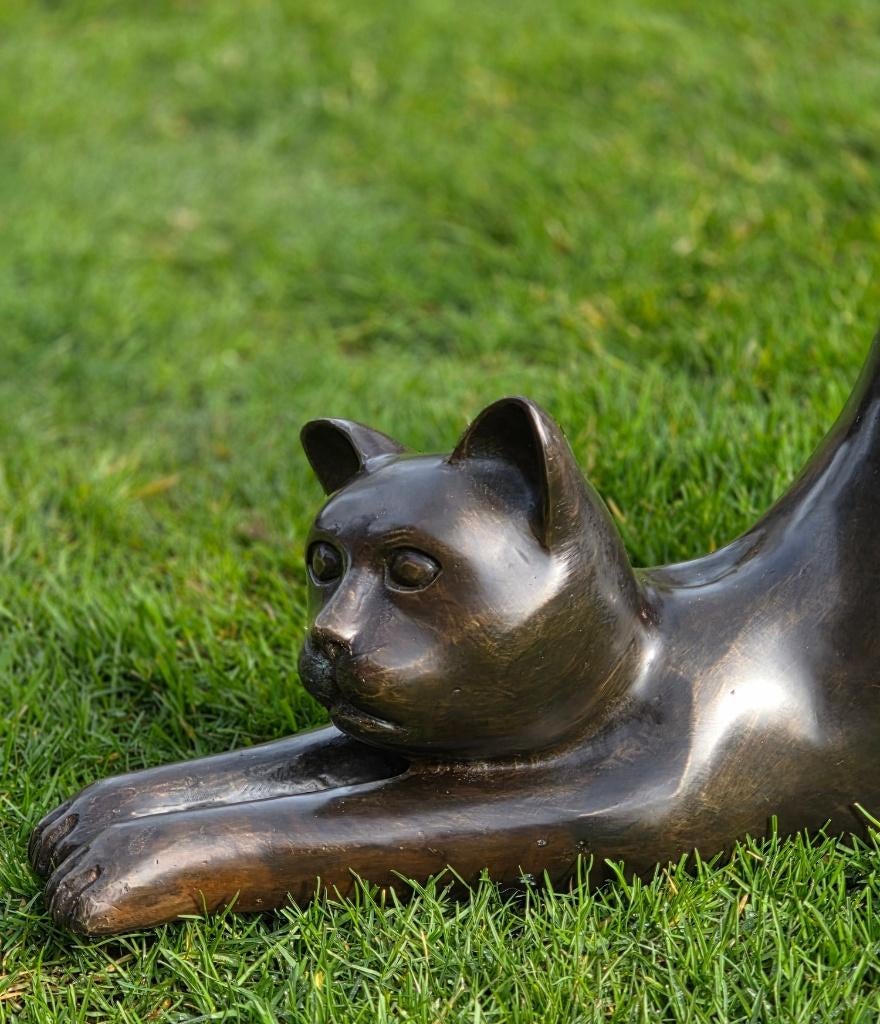 GROTE STREKKENDE POES / KAT / BRONZEN TUINBEELD, Dierenbeeld, Nieuw, Info@huisentuindecoratiemarie.nl, Huis en tuin decoratie marie