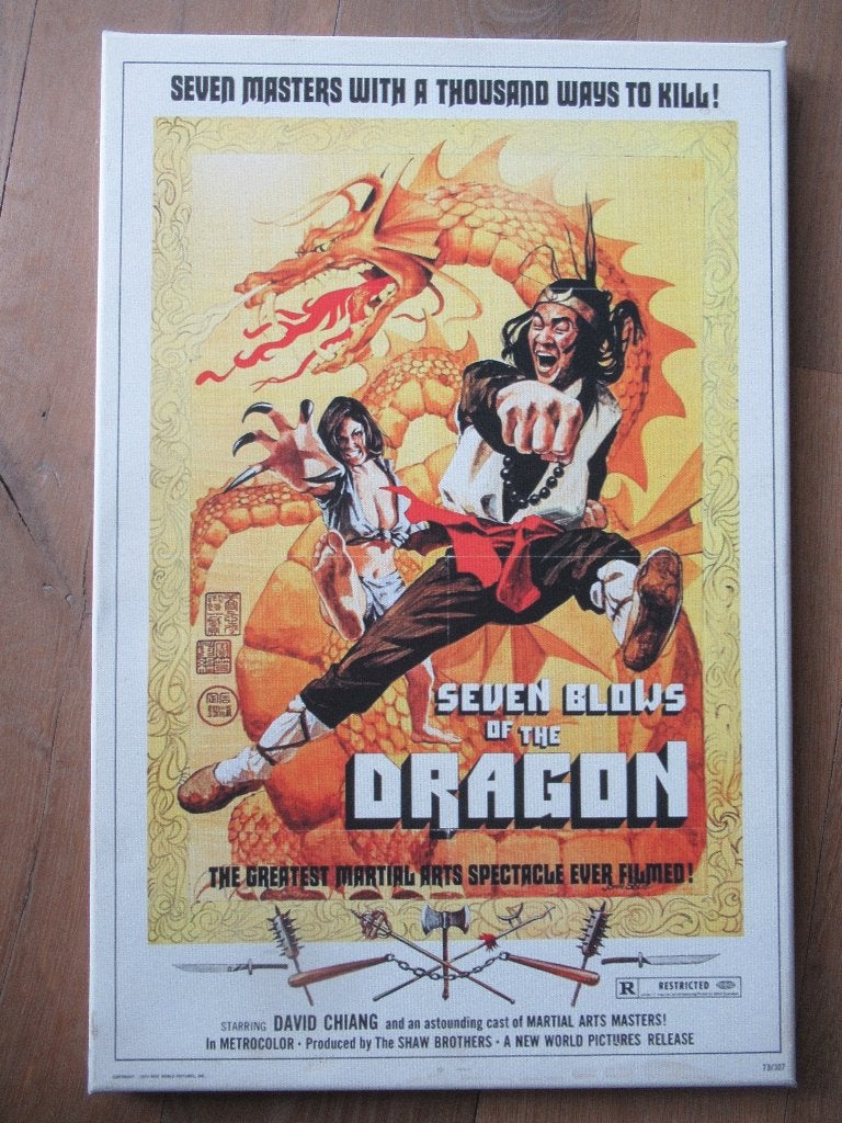 Filmposter uit 1973 op linnen van SEVEN BLOWS OF THE DRAGON, Verzamelen, Ophalen of Verzenden, Zo goed als nieuw, Film, Poster
