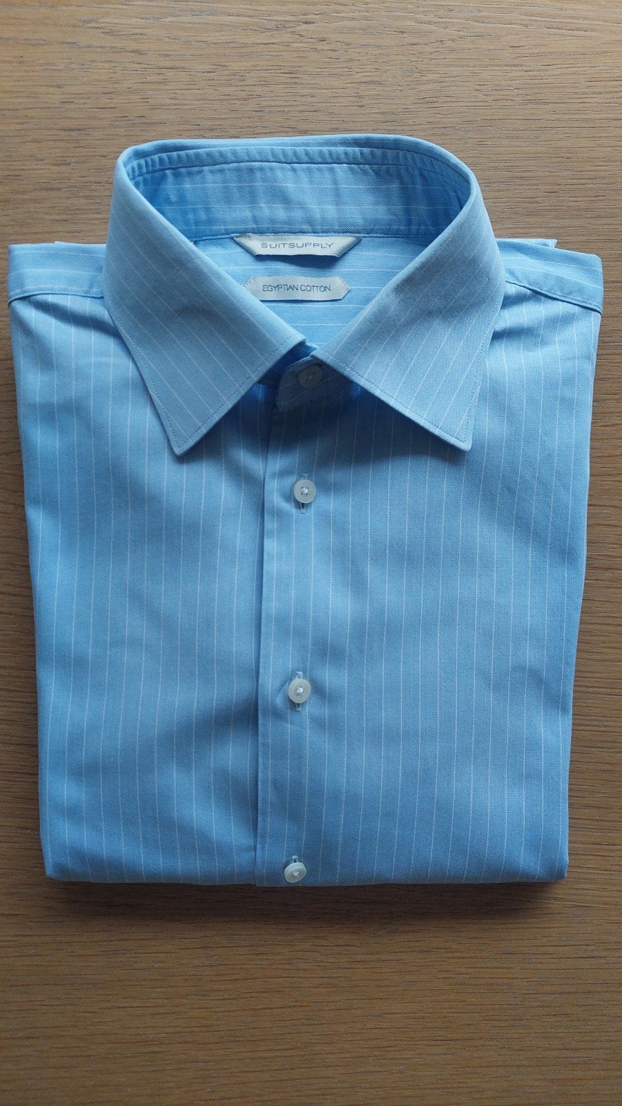 Suitsupply overhemd lichtblauw gestreept – maat 39/7 – Egypt, Blauw, Gedragen, Suitsupply, Halswijdte 39/40 (M)