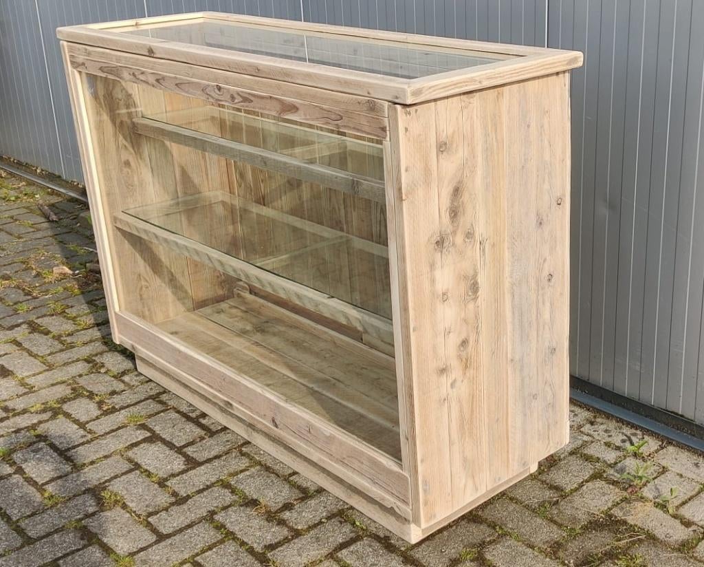 Vitrine balie gehard glas toonbank schuifdeuren legplank, Ophalen, Glas, 150 tot 200 cm, Nieuw