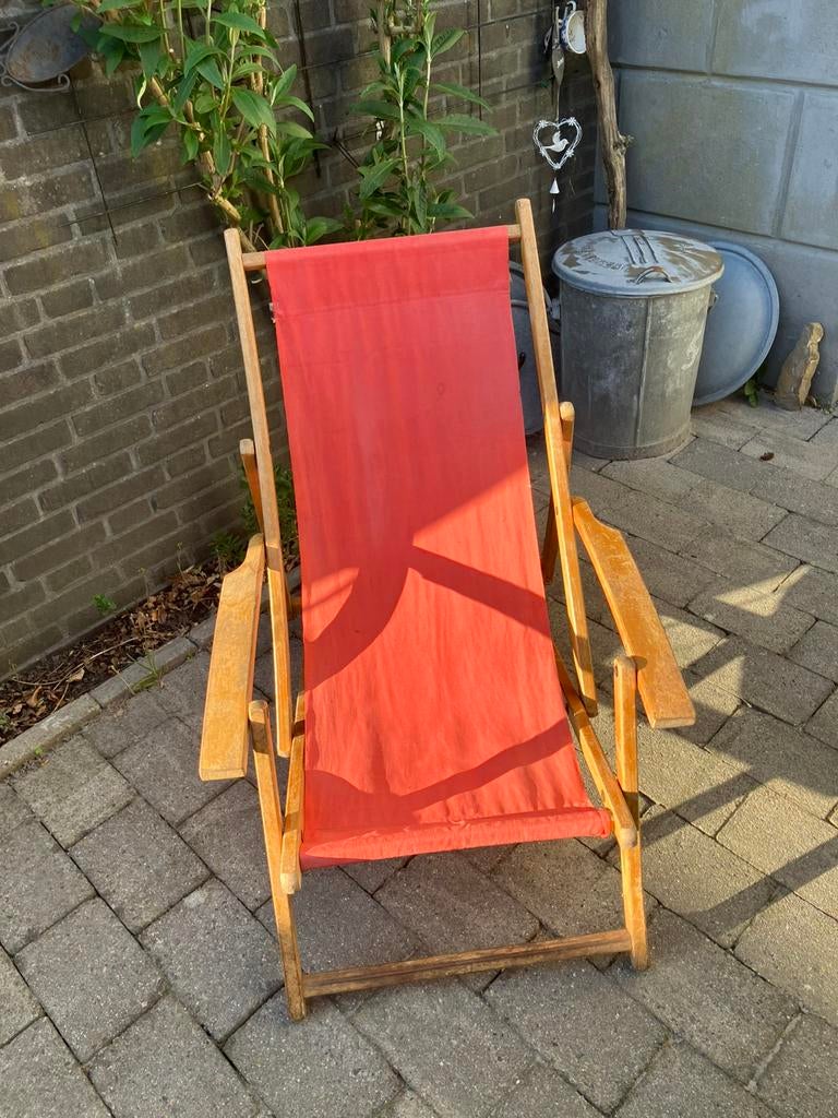 Retro tuinstoel strandstoel, Ophalen, Gebruikt, Hout, Verstelbaar