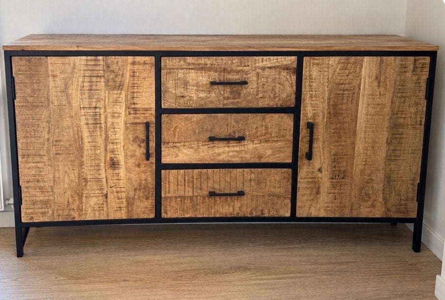 Industriële Dressoir Mangohout en Metaal - Zo goed als nieuw, Ophalen, 150 tot 200 cm, Zo goed als nieuw, Met lade(s)