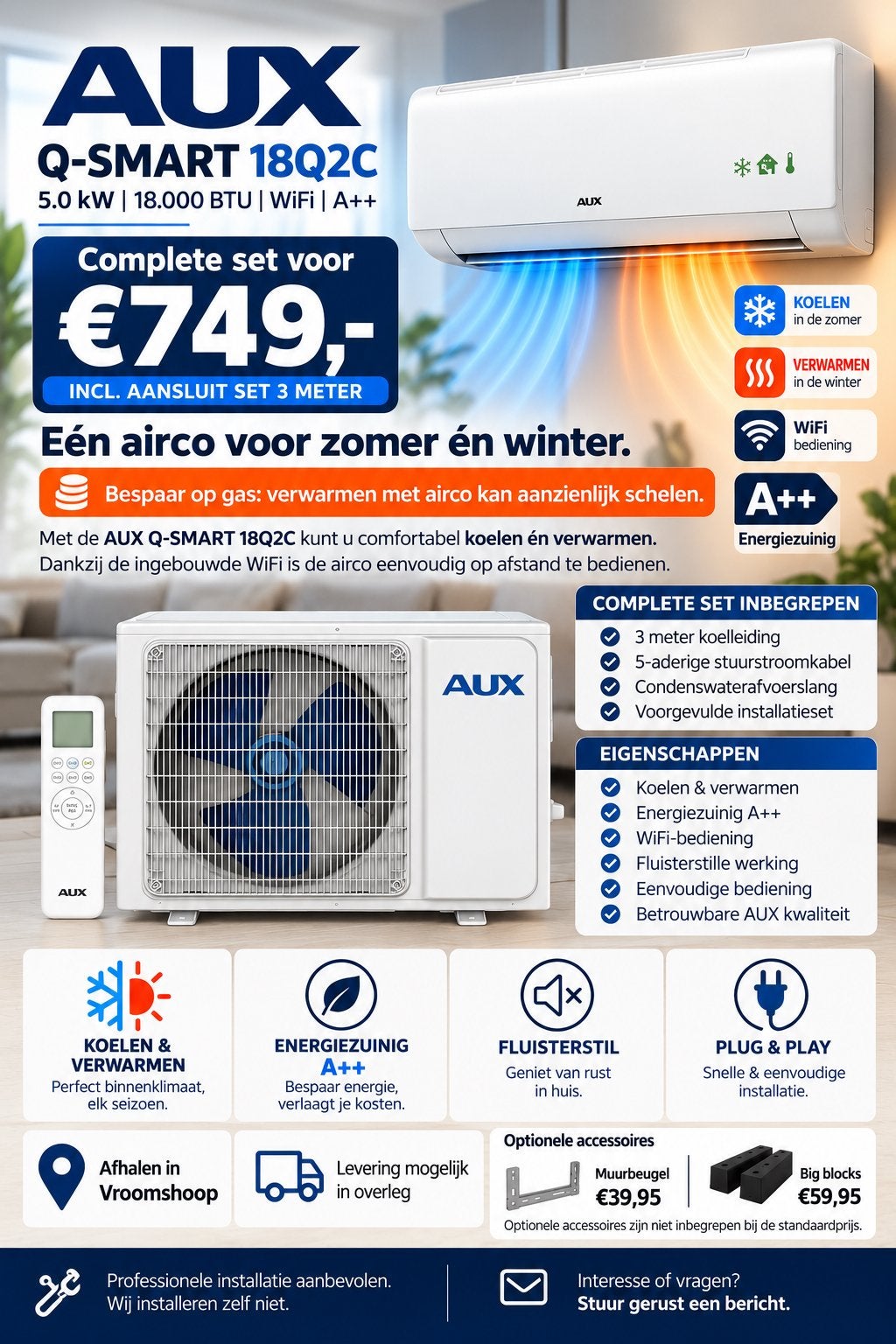 ️ AUX Q-SMART 18Q2C – 5,0 kW - Complete set voor €749,- ️, Witgoed en Apparatuur, Ophalen, Verwarmen, 3 snelheden of meer, Zo goed als nieuw