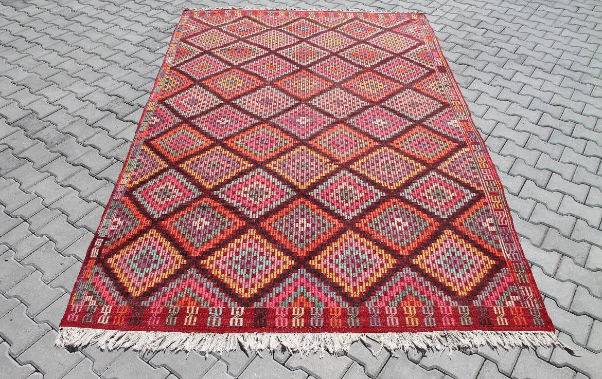 Wol kelim tapijt vloerkleed rood roze geel veel kleur, Ophalen, Geel, 150 tot 200 cm, 200 cm of meer