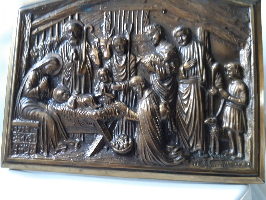 plaquette kerststal in brons, Ophalen of Verzenden