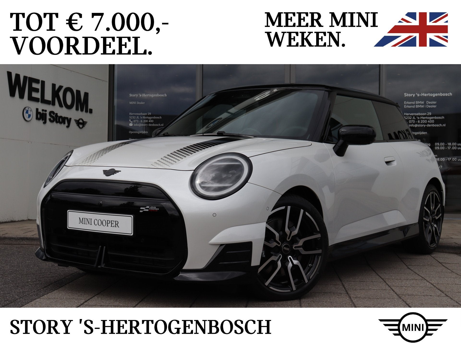 MINI Hatchback Cooper E / JCW / Pakket L / 18" JCW Lap Spoke, Dealer onderhouden, Zwart, 4 stoelen, Leder en Stof