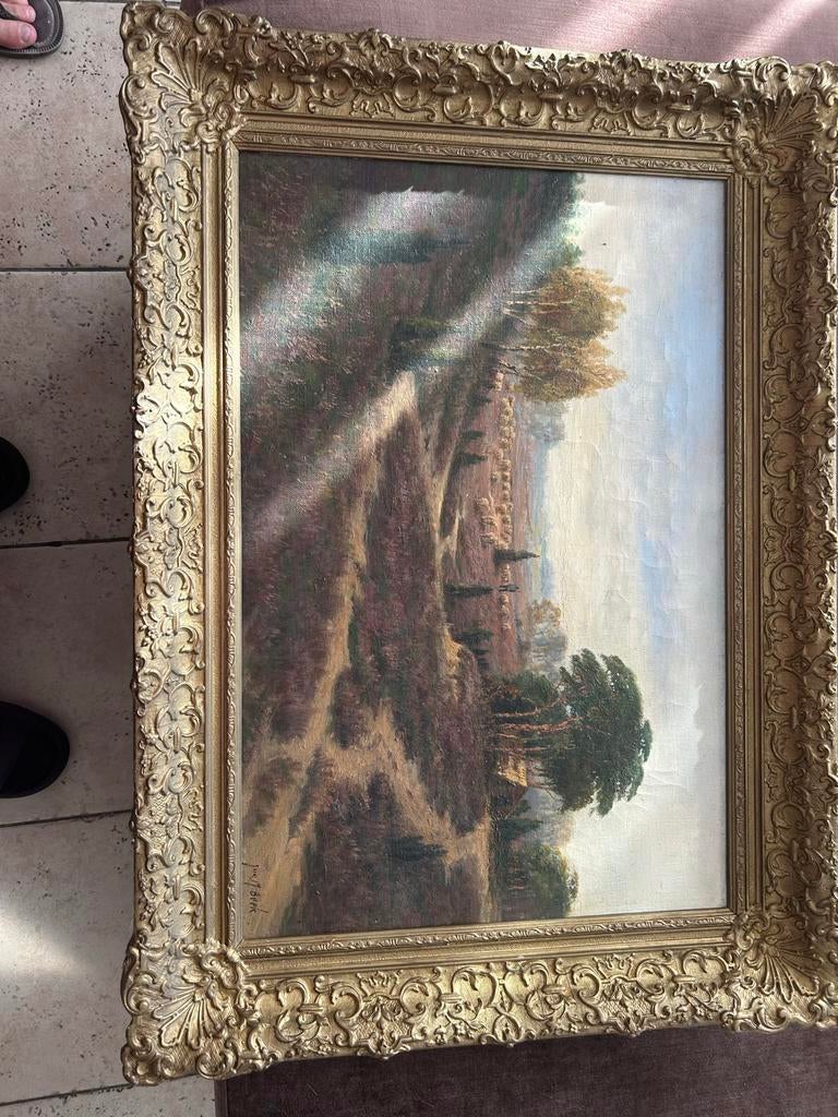 Olieverfschilderij: Heidelandschap met gouden lijst, Antiek en Kunst, Kunst | Schilderijen | Klassiek, Ophalen of Verzenden
