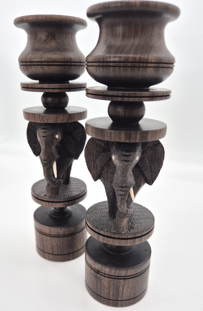Vintage 2 Afrikaanse Ebbenhouten Olifant Kandelaars | 00254, Antiek en Kunst, Houtsnijwerk, Minder dan 20 cm, Ophalen of Verzenden