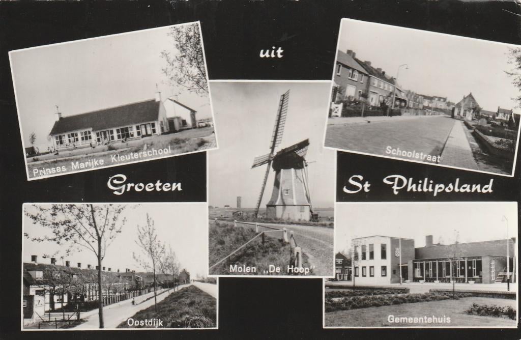 ST. PHILIPSLAND School Oostdijk Molen Gemeentehuis, Verzenden, 1960 tot 1980, Gelopen, Zeeland