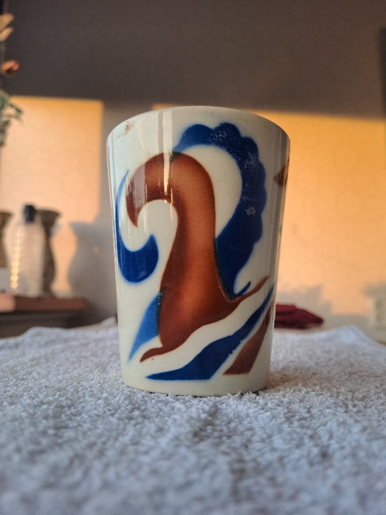 Vintage Maastricht melkbeker met blauw/bruin decor, Ophalen of Verzenden