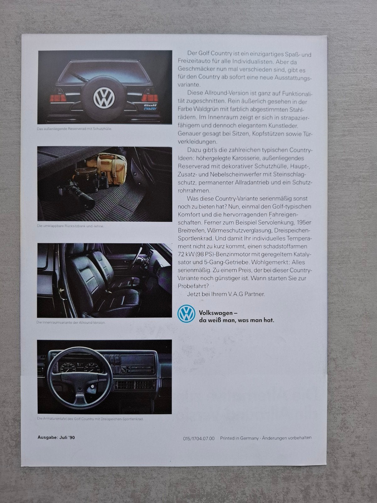 Volkswagen Golf Country sheet - 1990, Boeken, Ophalen of Verzenden, Zo goed als nieuw, Volkswagen
