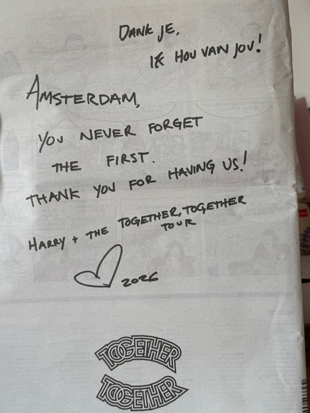 Parool met Bedankpagina Harry Styles Together Together Tour, Eén persoon