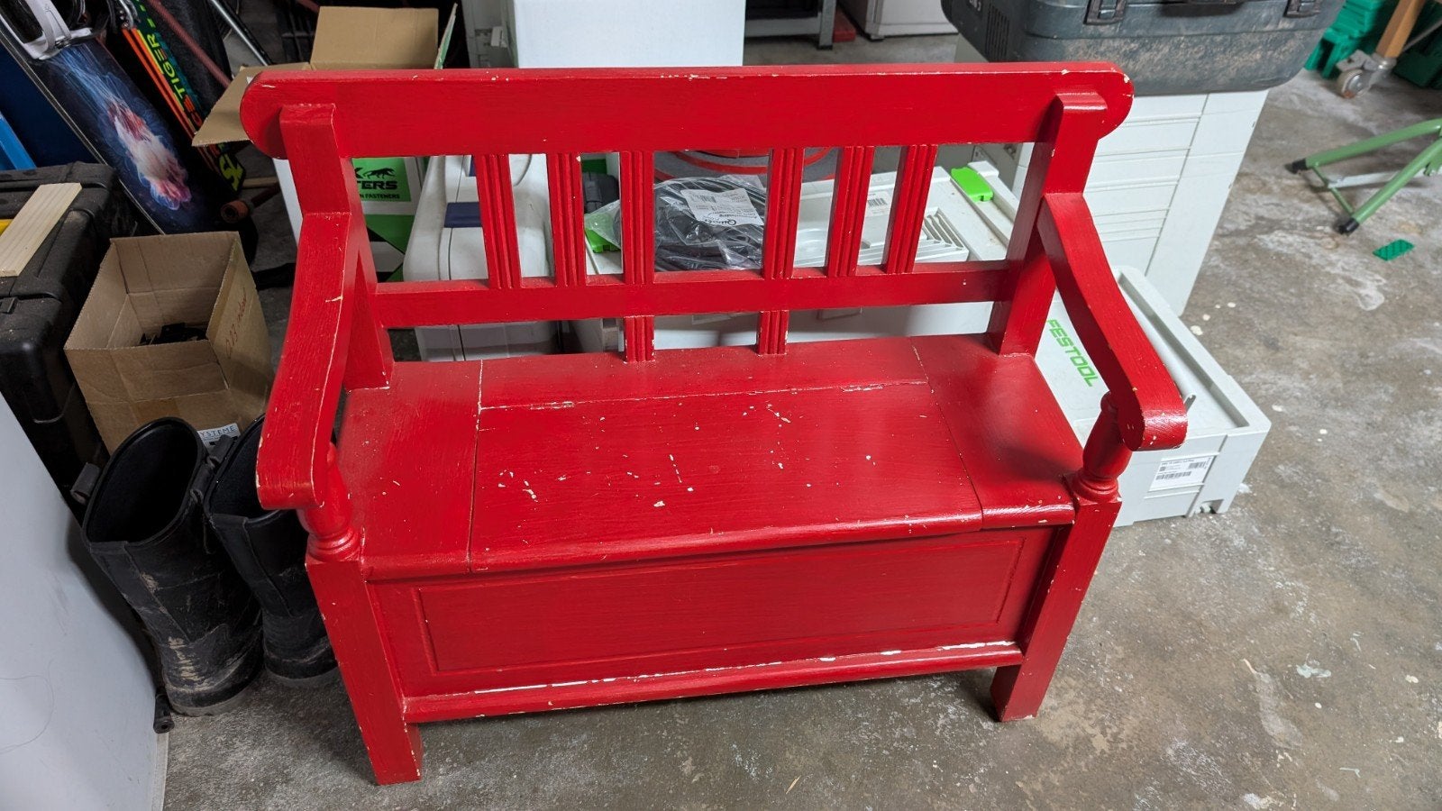 Rood houten bankje met opbergruimte, Ophalen, Gebruikt, Eén, Rood