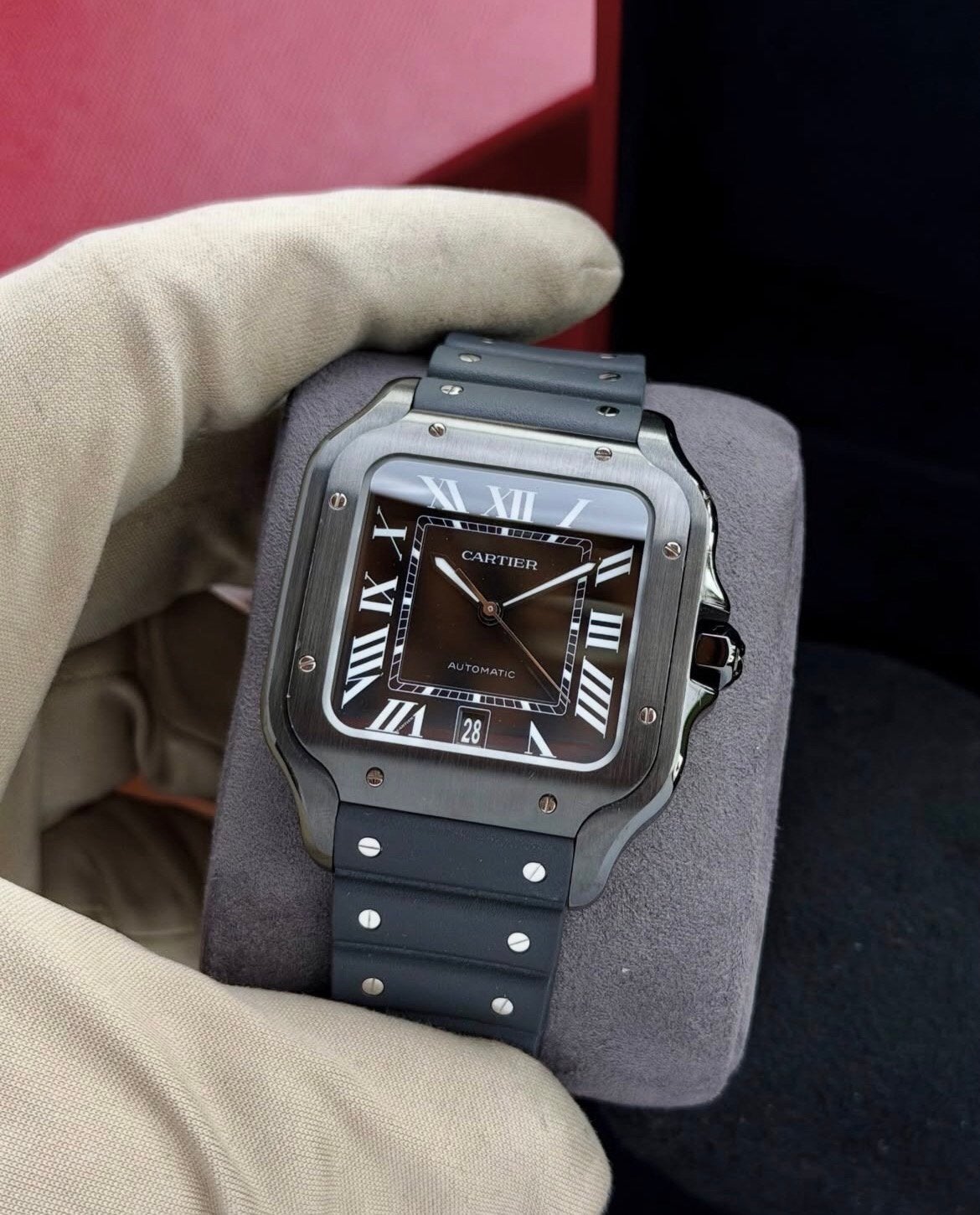 Cartier Santos Black Superclone Automaat Incl Doos, Ophalen of Verzenden, Zo goed als nieuw