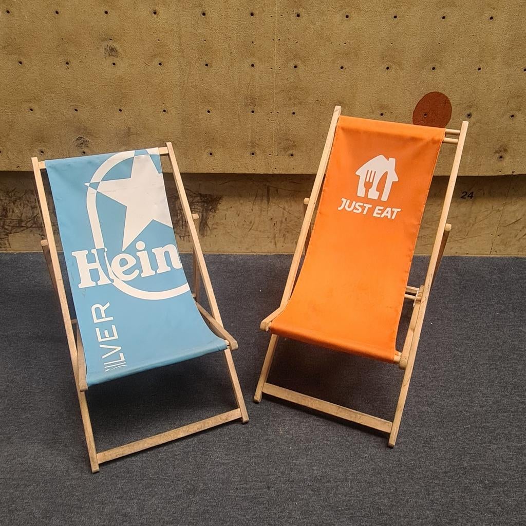 2x Strandstoel Just Eat & Heineken Silver - Inklapbaar, Ophalen of Verzenden, Gebruikt, Hout, Inklapbaar