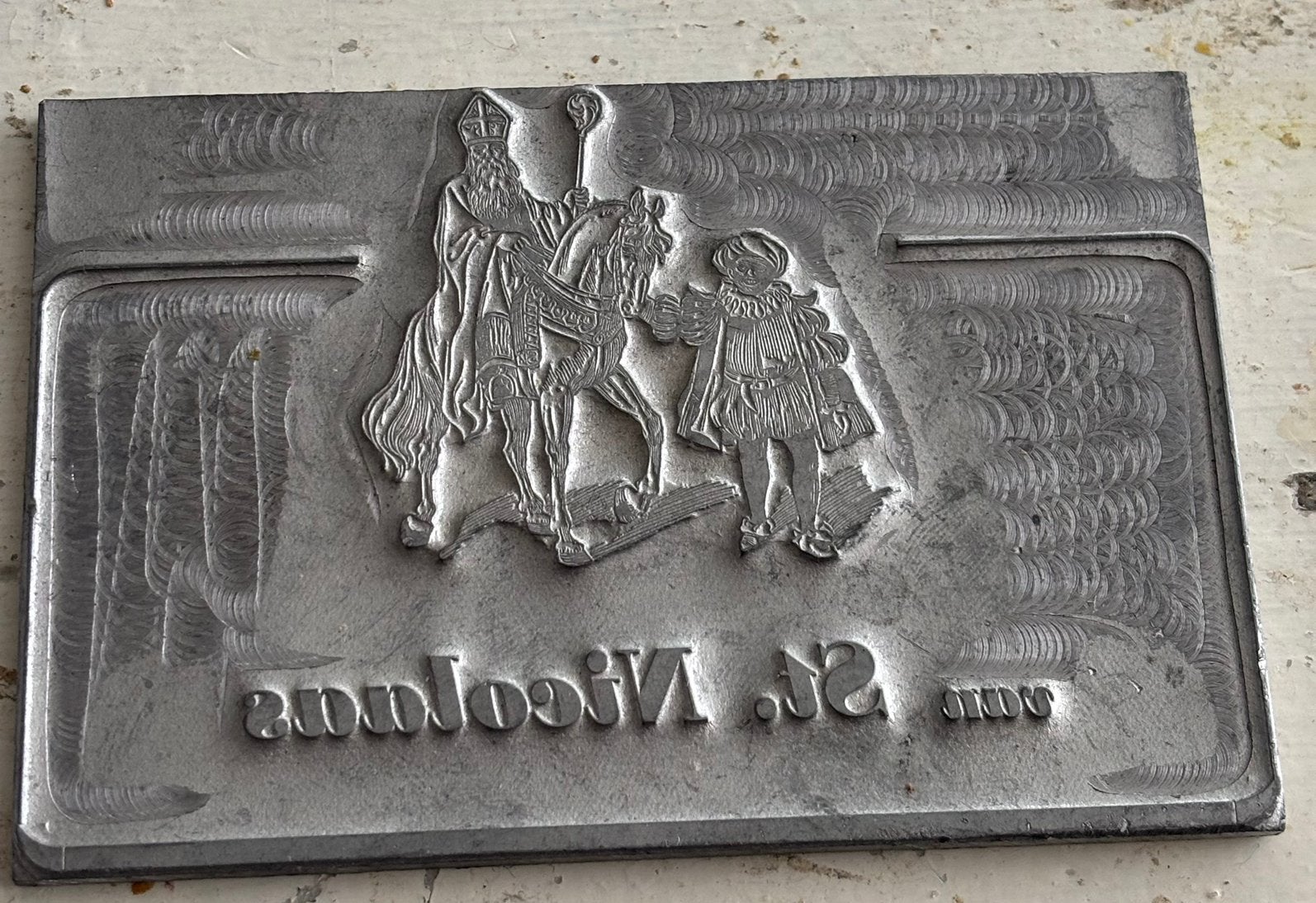Antieke metalen drukplaat van Sint en piet, Ophalen of Verzenden, Gebruikt