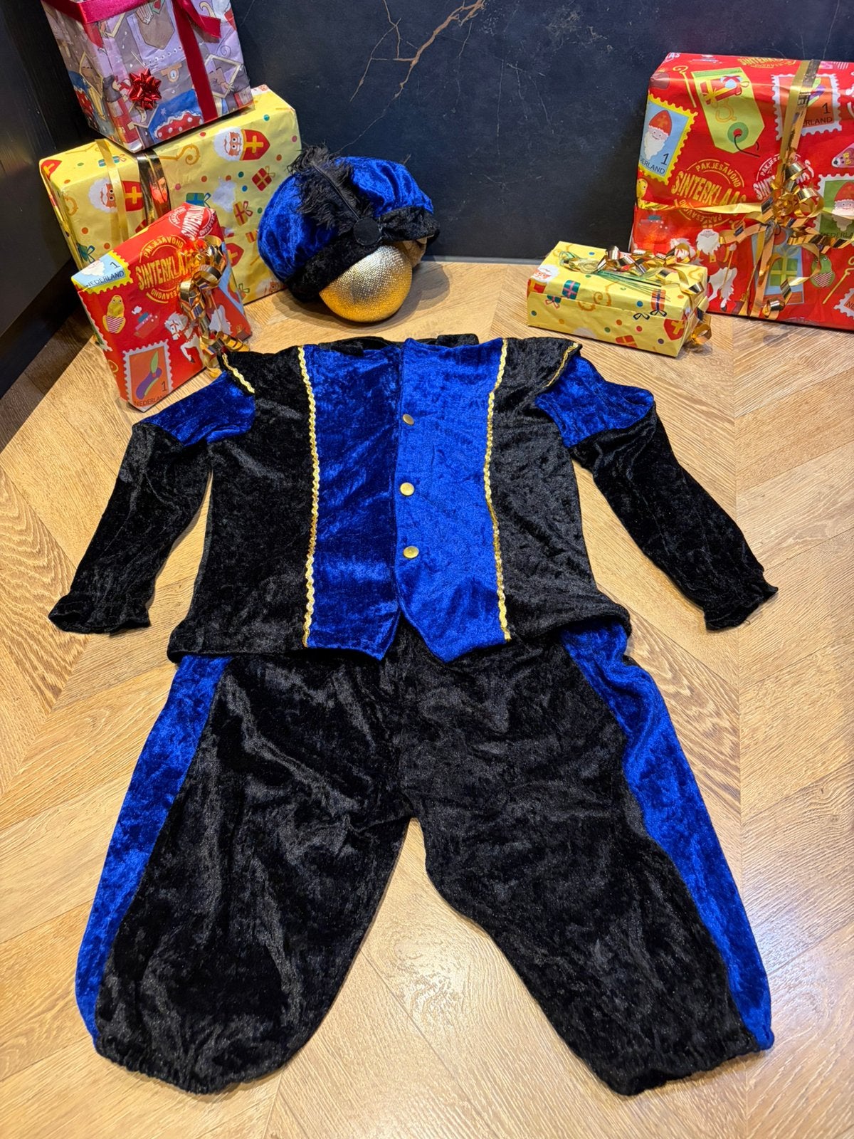 Pietenpak zwart blauw maat 140 sinterklaas set nieuw, Ophalen of Verzenden, Nieuw