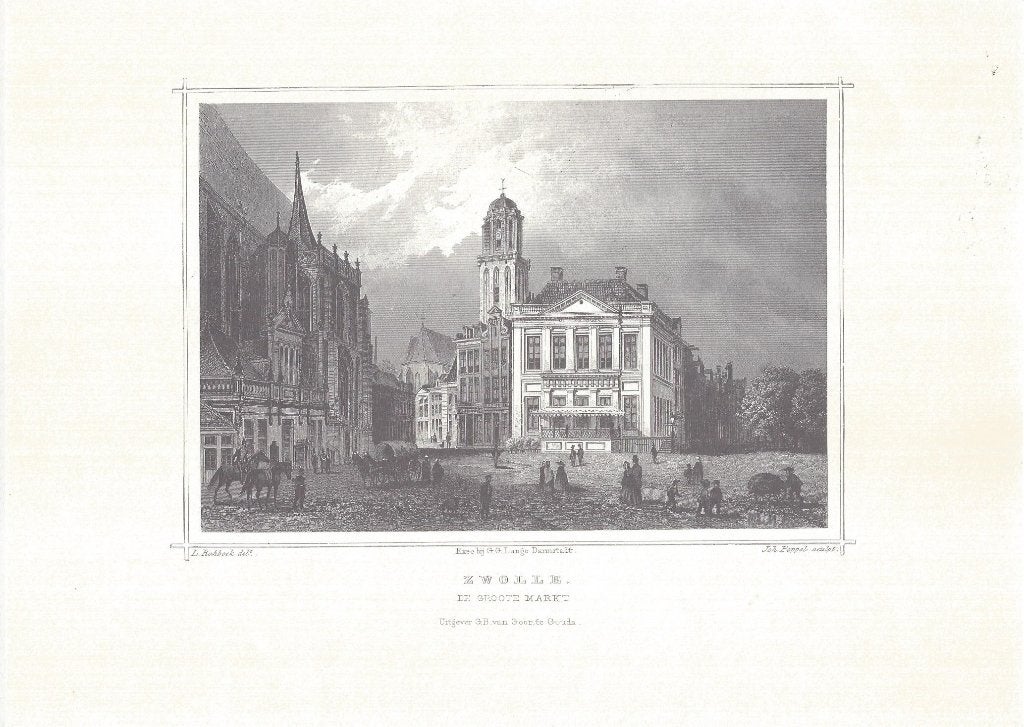 Staalgravure Zwolle - o.a Sassen-Poort, Antiek en Kunst, Kunst | Etsen en Gravures, Ets, Stadsgezicht, 1800 - 1899, Ophalen of Verzenden
