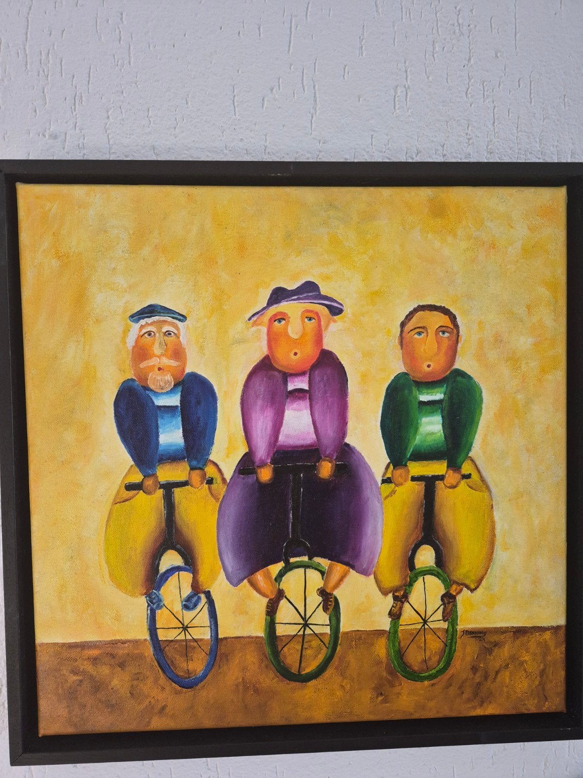 Vrolijk schilderij van drie figuren op eenwielers, Ophalen of Verzenden