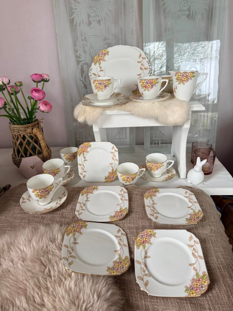 Longton Kent antiek 5 pers thee koffie taart porseleinen set, Antiek en Kunst, Ophalen