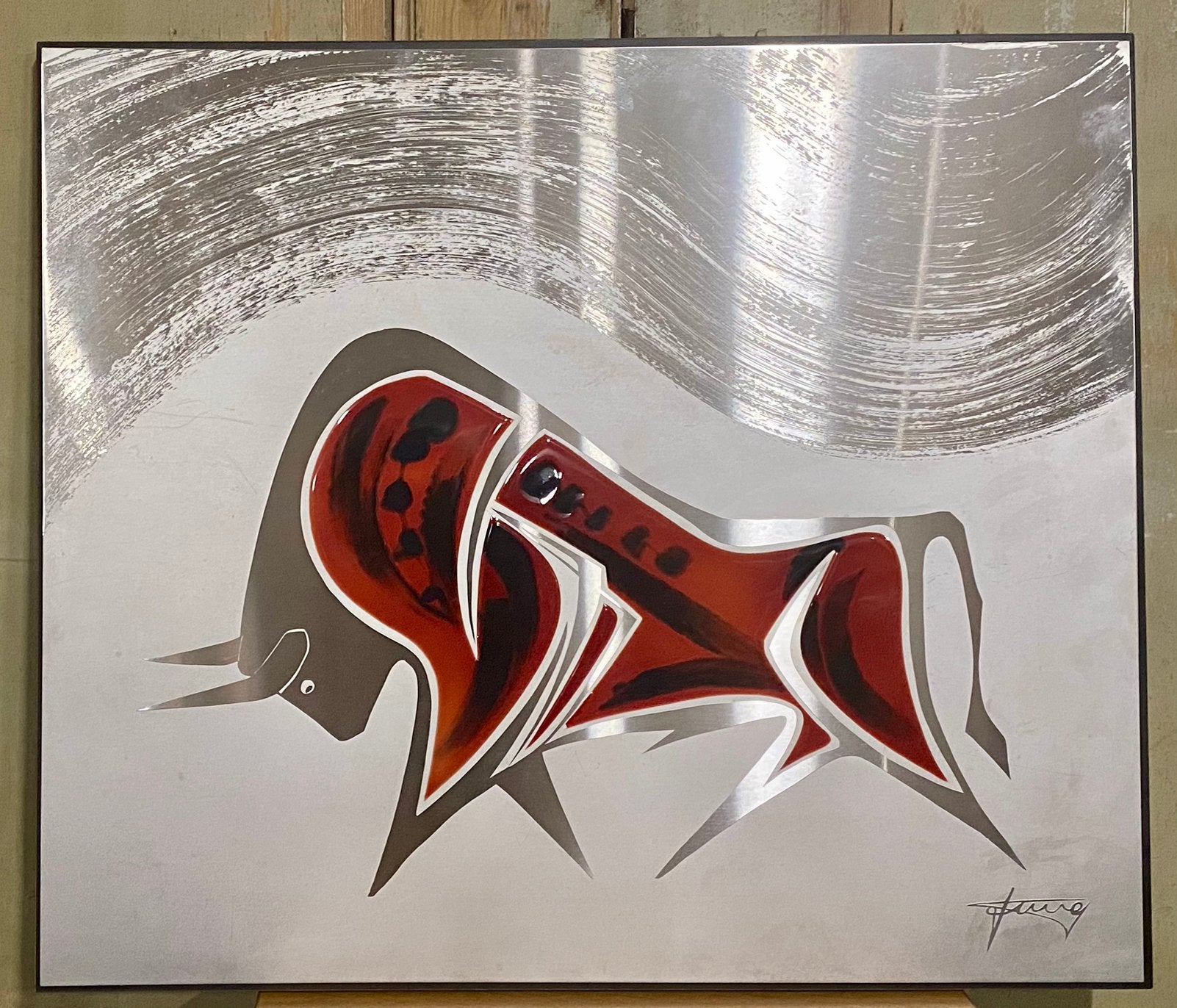 Exclusief Wandreliëf, Kunst. Manfred Jung. Rode Stier, Bull., Ophalen of Verzenden, 61 cm, Wanddecoratie, Handgemaakt