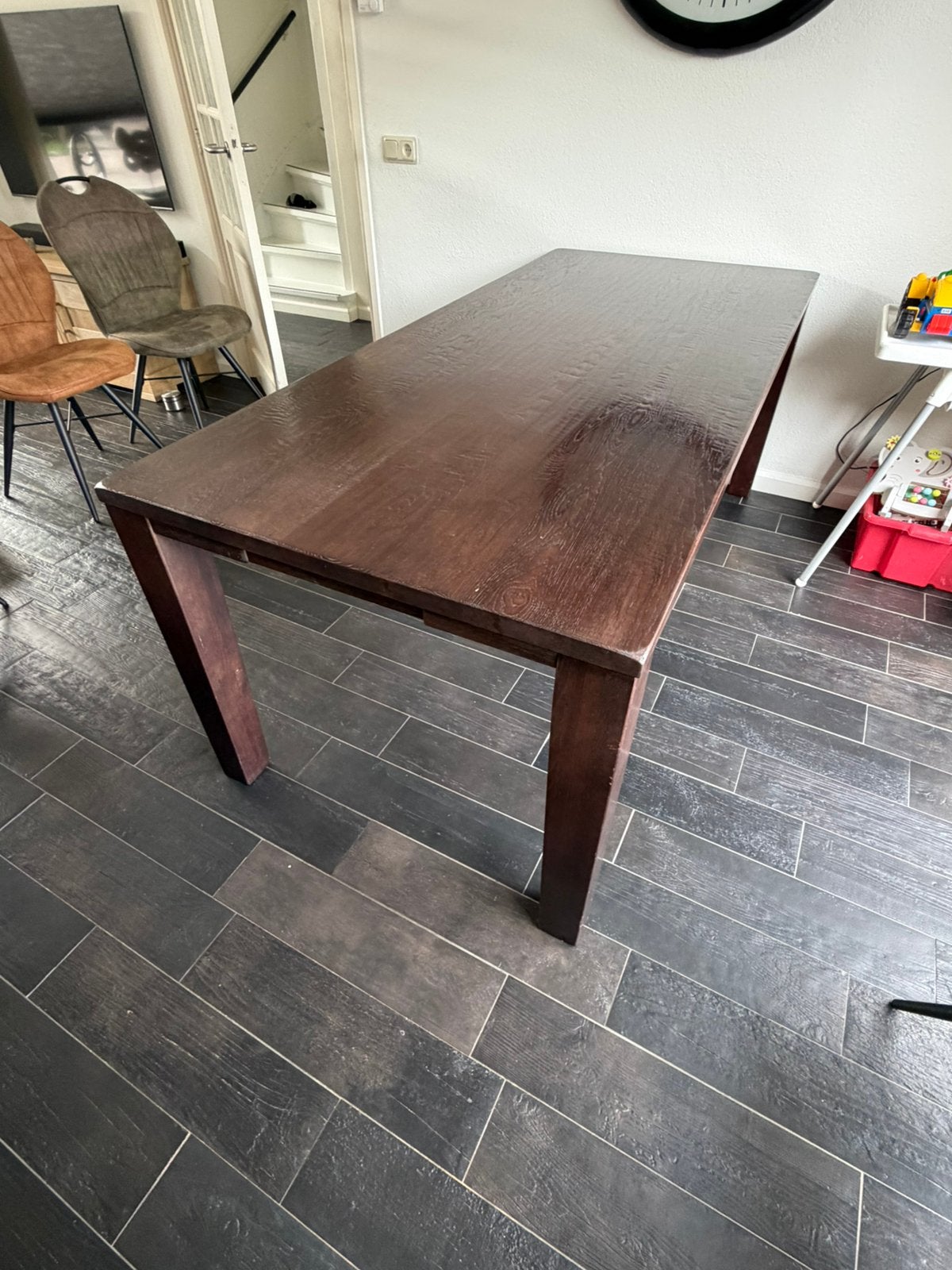 Eetkamer tafel donker eiken, Ophalen, 50 tot 100 cm, Zo goed als nieuw, 150 tot 200 cm