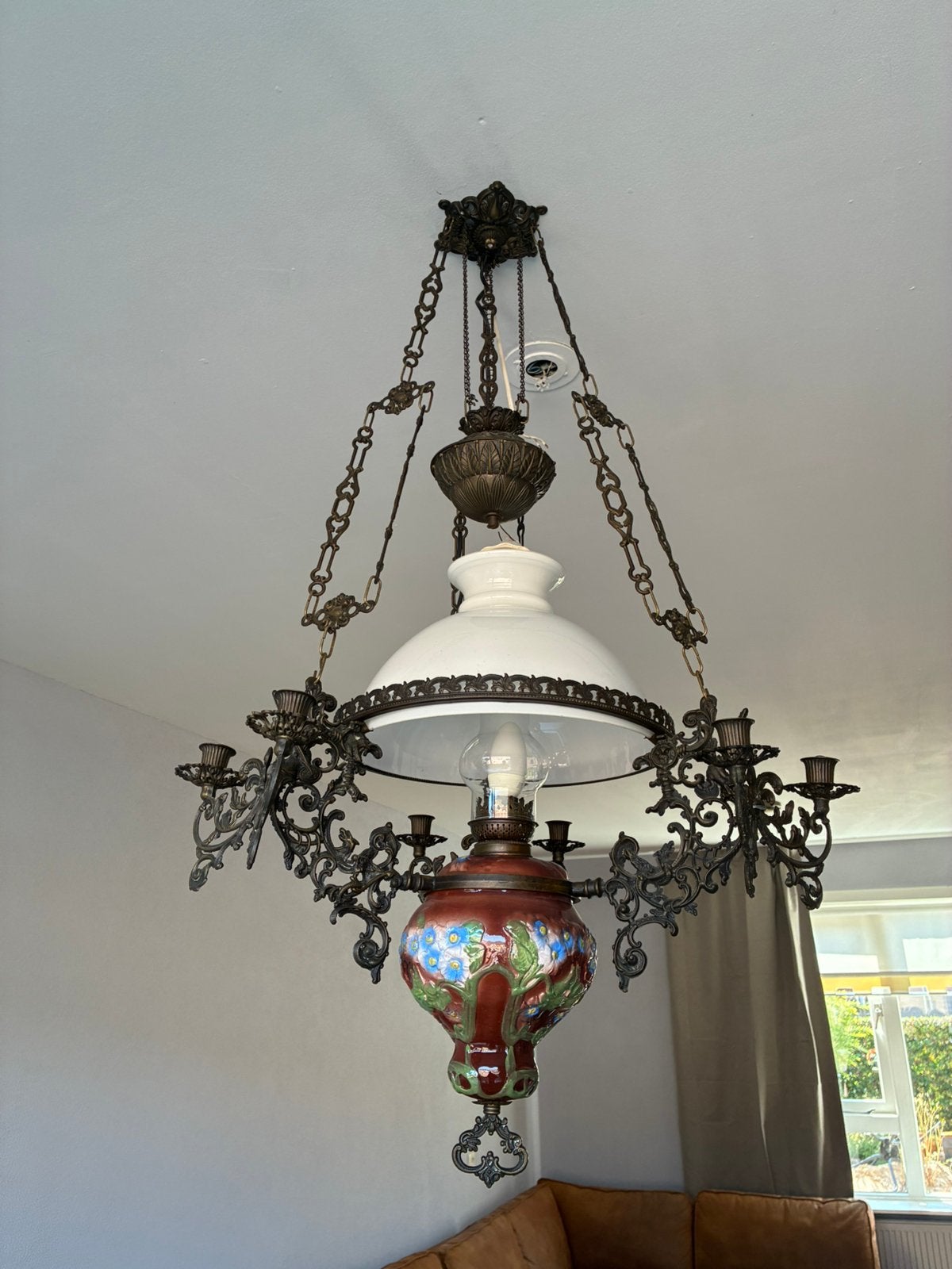 Antieke petroleum hanglamp jugendstil ca 1900, Antiek en Kunst, Ophalen