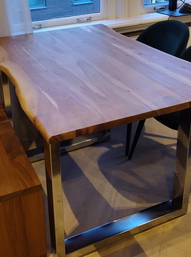 Massief Acacia houten tafel, Huis en Inrichting, Tafels | Eettafels, Ophalen, 100 tot 150 cm, 50 tot 100 cm, Zo goed als nieuw
