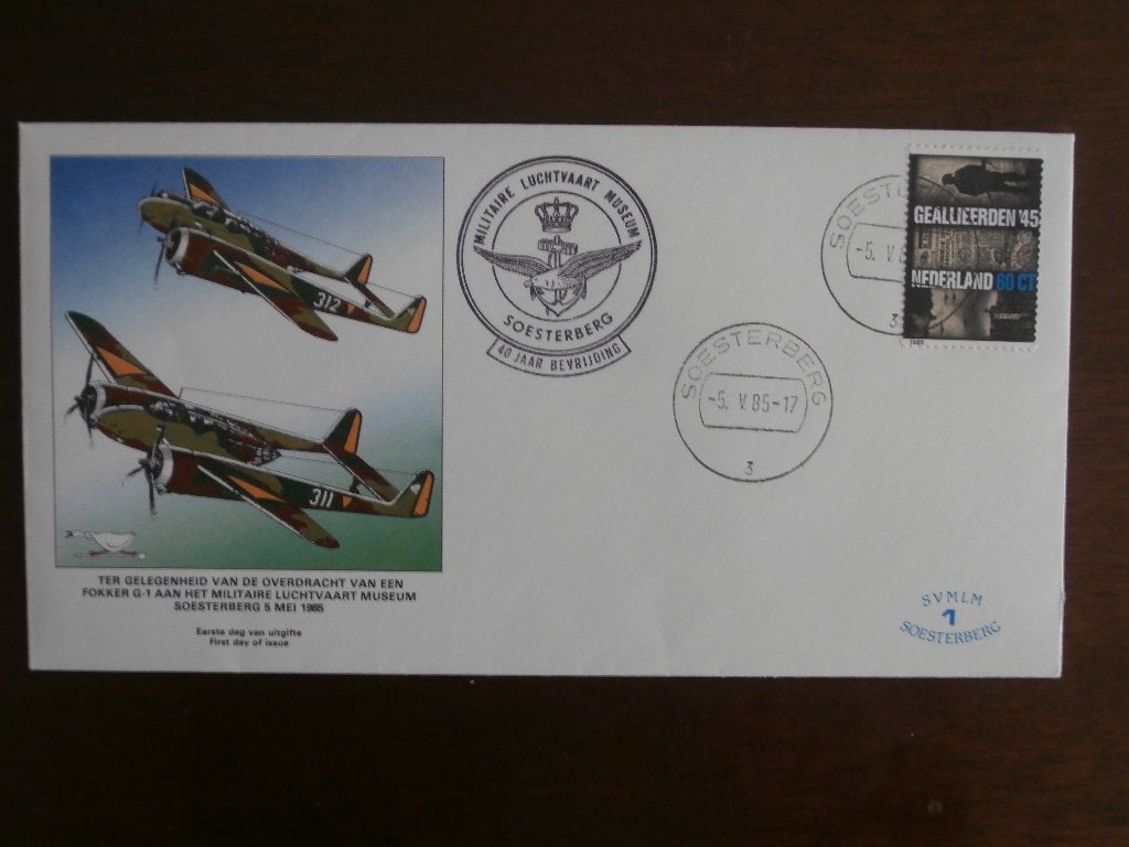 NL 1985; Env. SVMLM nr 1 FOKKER G-1 met documentatie, Verzenden, Envelop