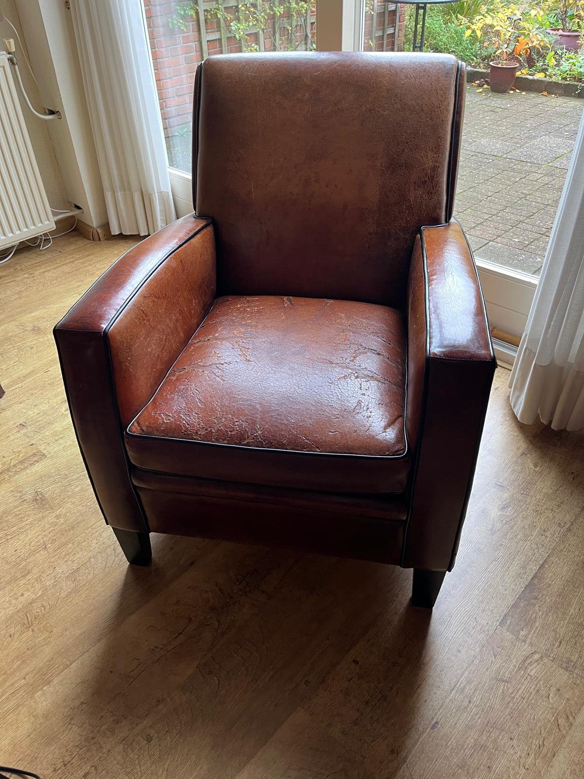 Fauteuil van bruin schapenleder, Ophalen, Gebruikt, Landelijk chic., 75 tot 100 cm
