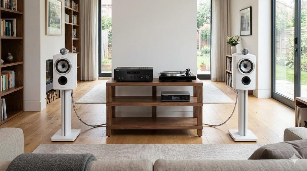 B&W 805 D4 speakers met unieke witte standaard, Ophalen of Verzenden