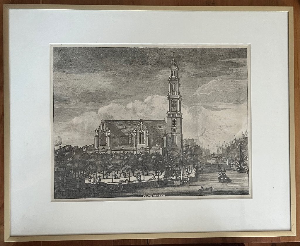 Vintage ets Westerkerk en Prinsegracht Amsterdam, Antiek en Kunst, 26 cm, 34 cm, Ets, Stadsgezicht