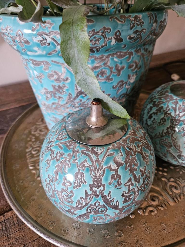 PTMD pot en 2 olielampjes, Blauw, Aardewerk of Porselein, Ophalen of Verzenden, Zo goed als nieuw