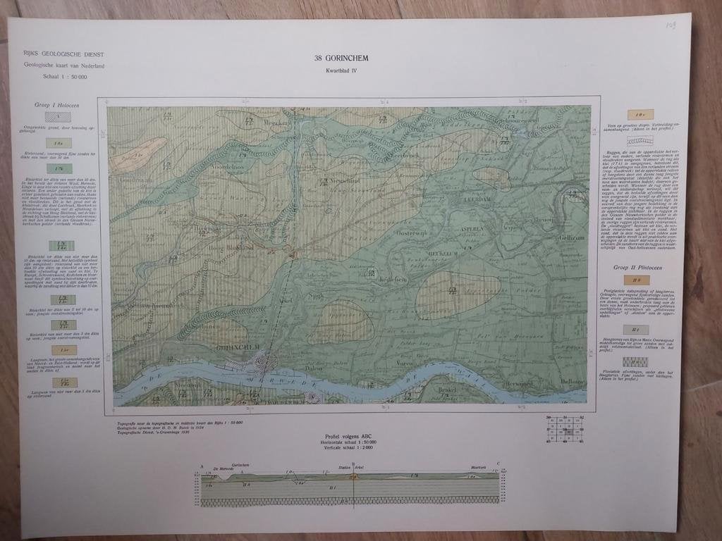 109 / Geologische kaart uit 1936 Gorinchem kwartblad IV, 2000 tot heden, Ophalen of Verzenden, Nederland, Landkaart