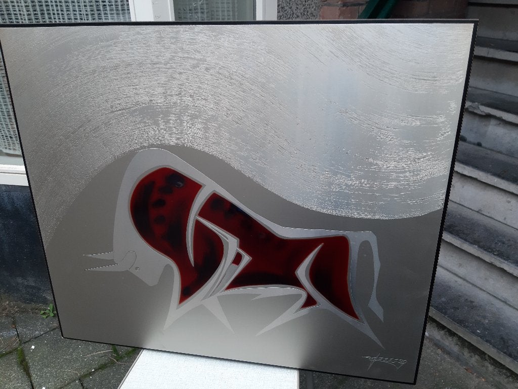Stier, Rood. In metaal, erg mooi, handwerk, abstract kunst, Ophalen, Handgemaakt, Overige typen, 71 cm