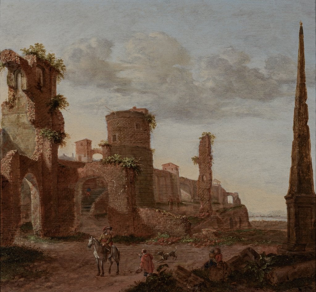 Emanuel Murant - Landschap met een obelisk en enkele figuren, Paneel, Verzenden, Origineel werk, Landschap