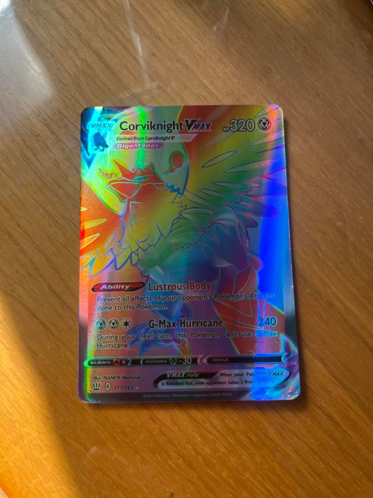 Corviknight VMAX rainbow Rare Pokémon card 171/163, Ophalen of Verzenden, Zo goed als nieuw, Losse kaart, Foil