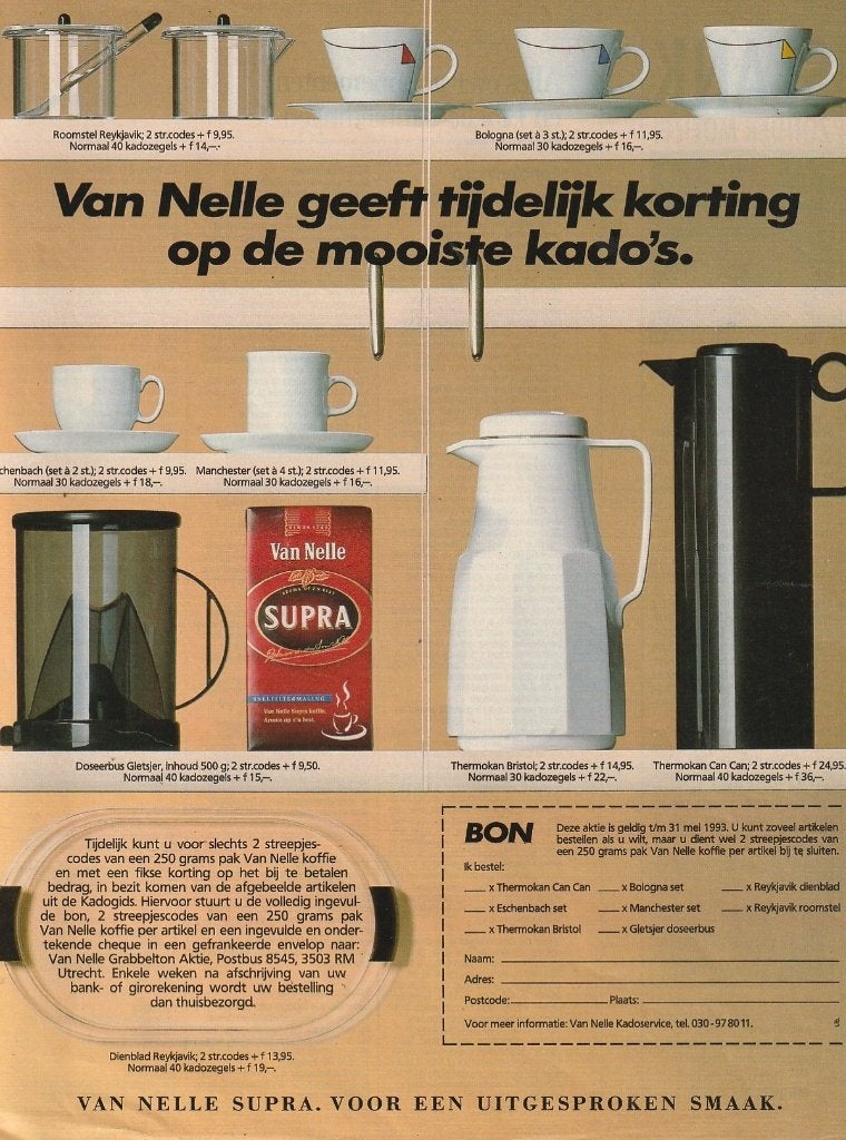 Retro reclame 1993 Van Nelle thermokan & Bologna kopjes, Verzamelen, Retro, Verzenden, Overige typen