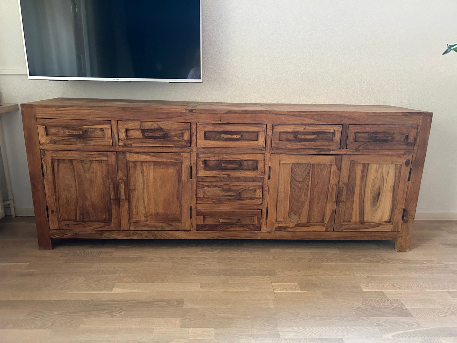 Massief houten dressoir met lades en deuren, Ophalen, Gebruikt, Teakhout, 200 cm of meer
