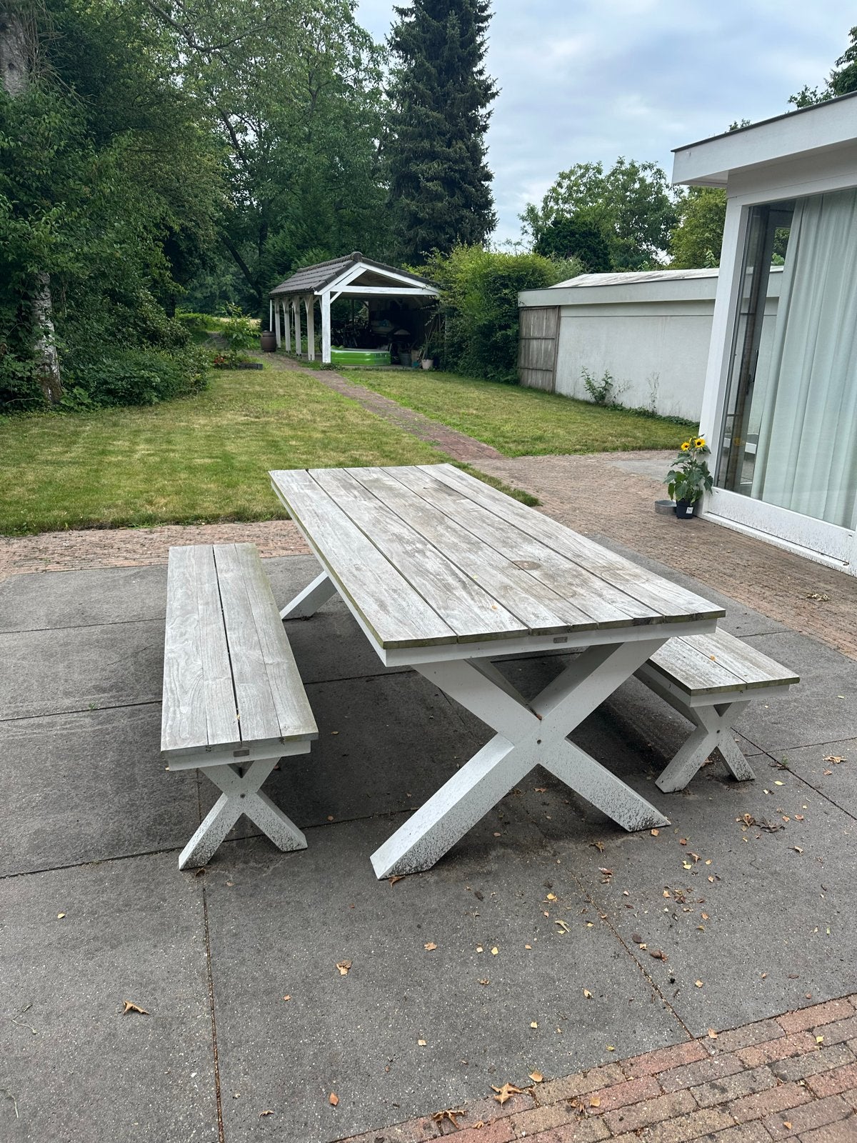 Picknicktafel 240x100 wit/grijs teak met 2 banken, Tuin en Terras, Ophalen, Gebruikt, Rechthoekig, Hout