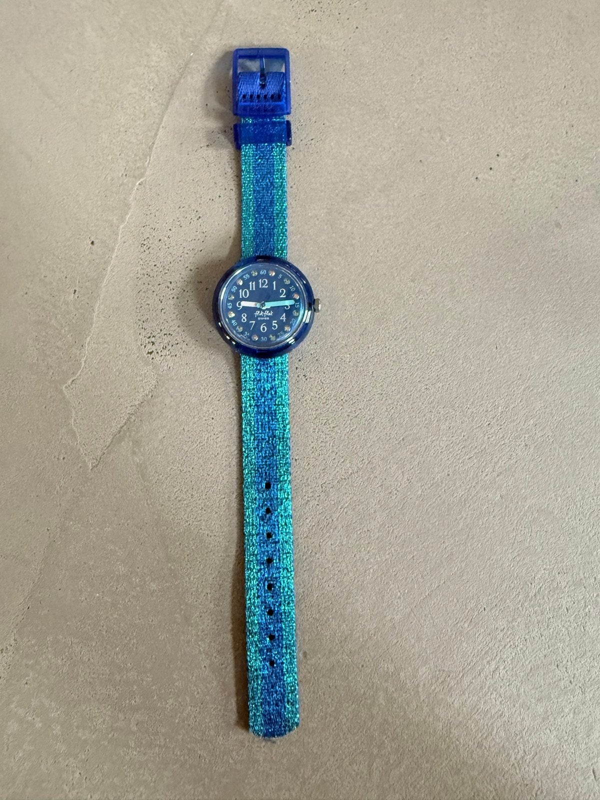 Flik Flak kinderhorloge - Blauw met glitterband, Ophalen of Verzenden, Gebruikt, Blauw, Jongen of Meisje
