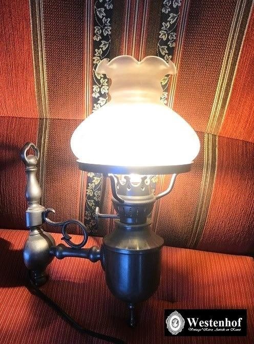Brocante olielamp - wandlamp - elektrische olie lamp, Ophalen of Verzenden, Gebruikt, Glas