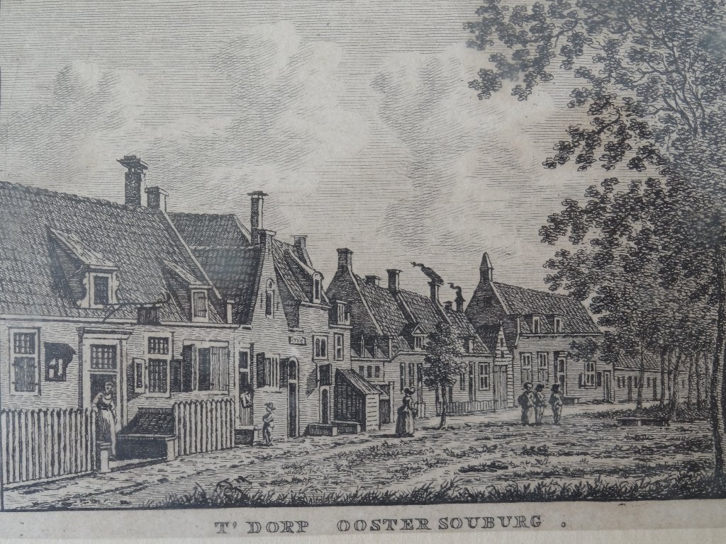 originele gravure dorp Oost-Souburg, Bulthuis, 1780, Verzenden, Stadsgezicht, Ingelijst, Gravure