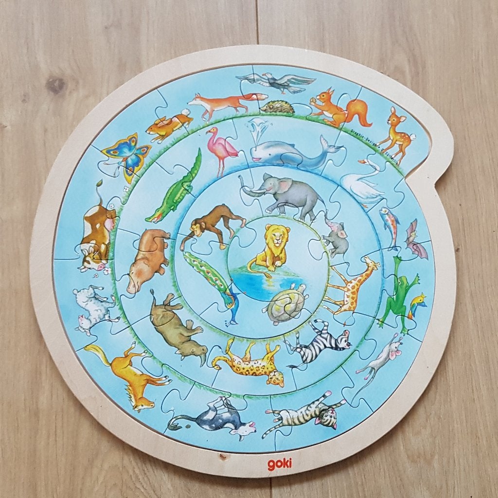 Goki houten puzzel. Rond. Dierencirkel. 27 stukjes., 10 tot 50 stukjes, Ophalen of Verzenden, Zo goed als nieuw, Van hout