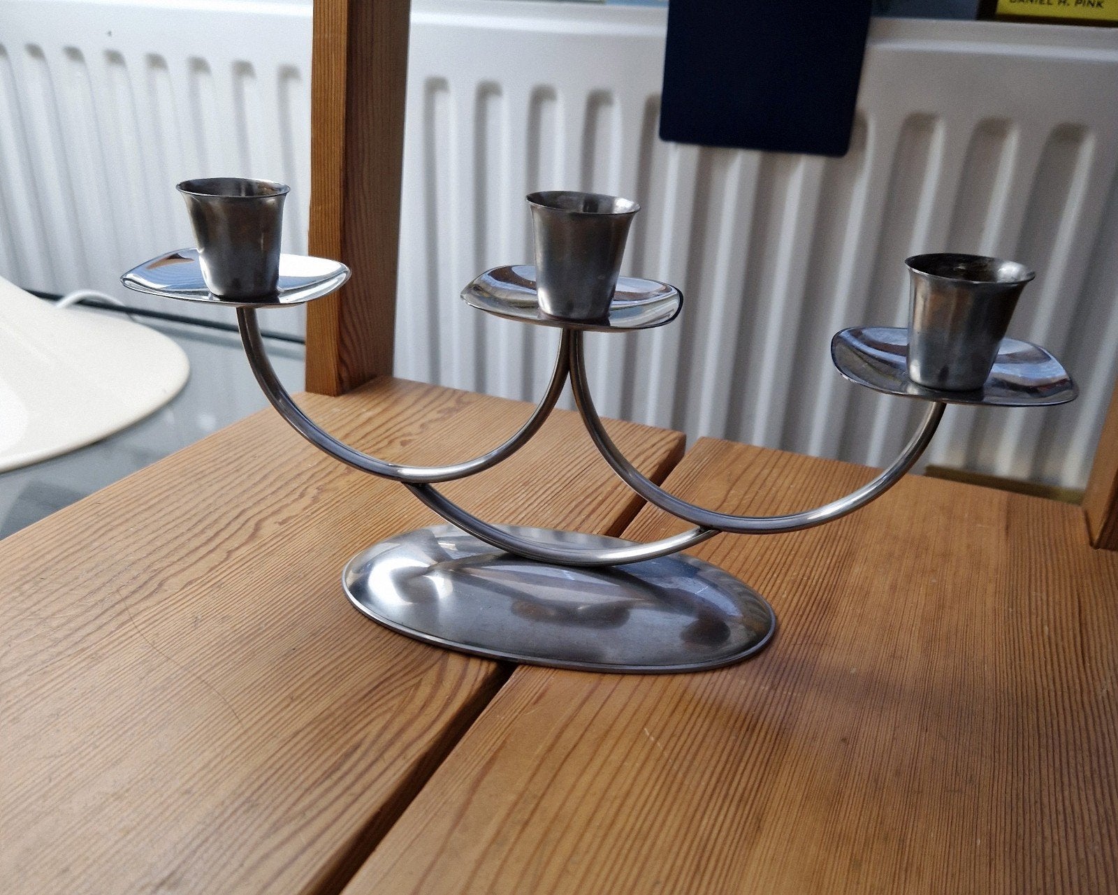 Stijlvolle kandelaar met drie armen zilver /chroom, Ophalen of Verzenden