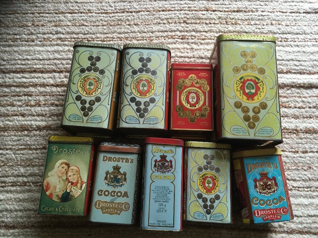 droste cacao blikken verschillende blik 9 stuks beker schild, Verzamelen, Ophalen of Verzenden, Overige, Droste