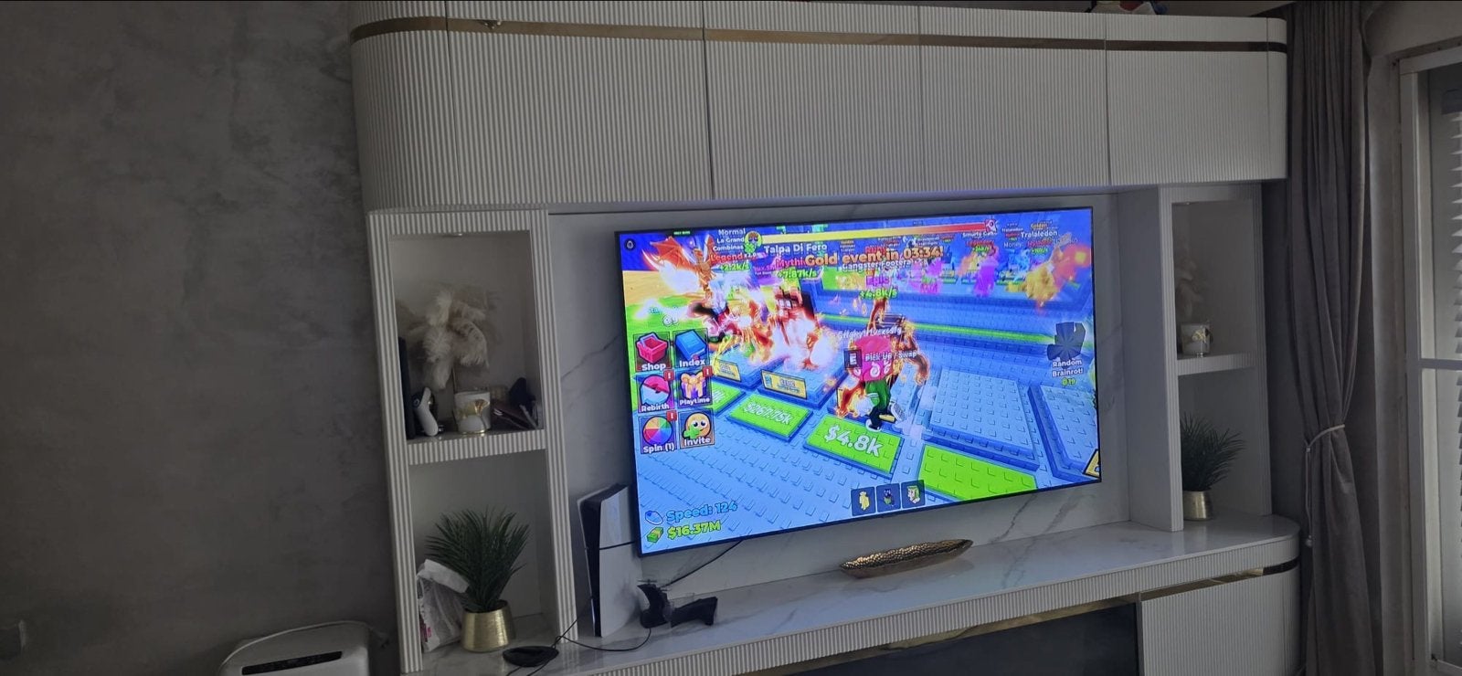 TV-meubel met openhaard en opbergruimte, lichte beschadiging, Ophalen, Overige materialen, Gebruikt, 200 cm of meer