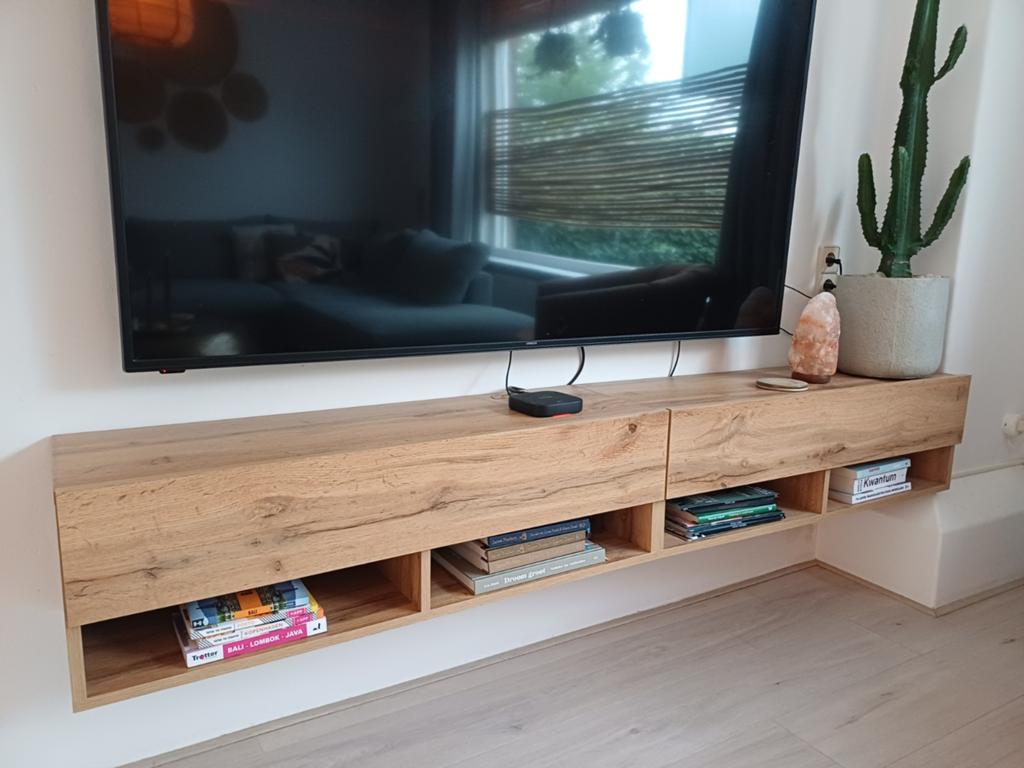 Zwevend TV-meubel eikenhout met opbergruimte, Modern, Scandinavisch, 150 tot 200 cm, Eikenhout, Ophalen of Verzenden