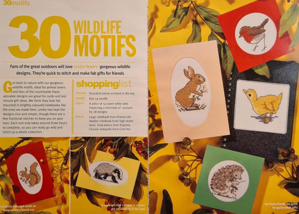 30 borduurpatronen van wilde dieren o.a. egel, roodborstje, Ophalen, Nieuw, Handborduren, Patroon