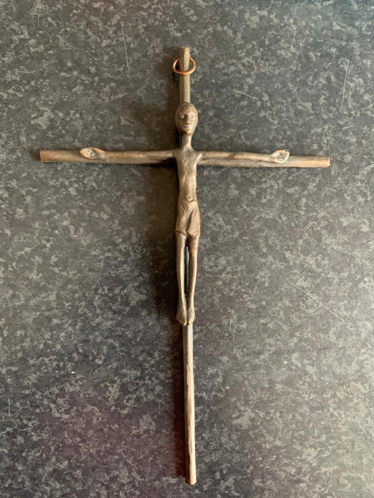 Bronzen art deco kruis, Ophalen of Verzenden, Zo goed als nieuw, Beeld(je), Christendom | Katholiek